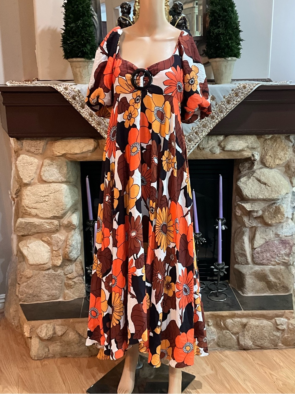 DODO BAR OR Floral Puff-Sleeve Maxi Dress in Orange, Brown & Yellow